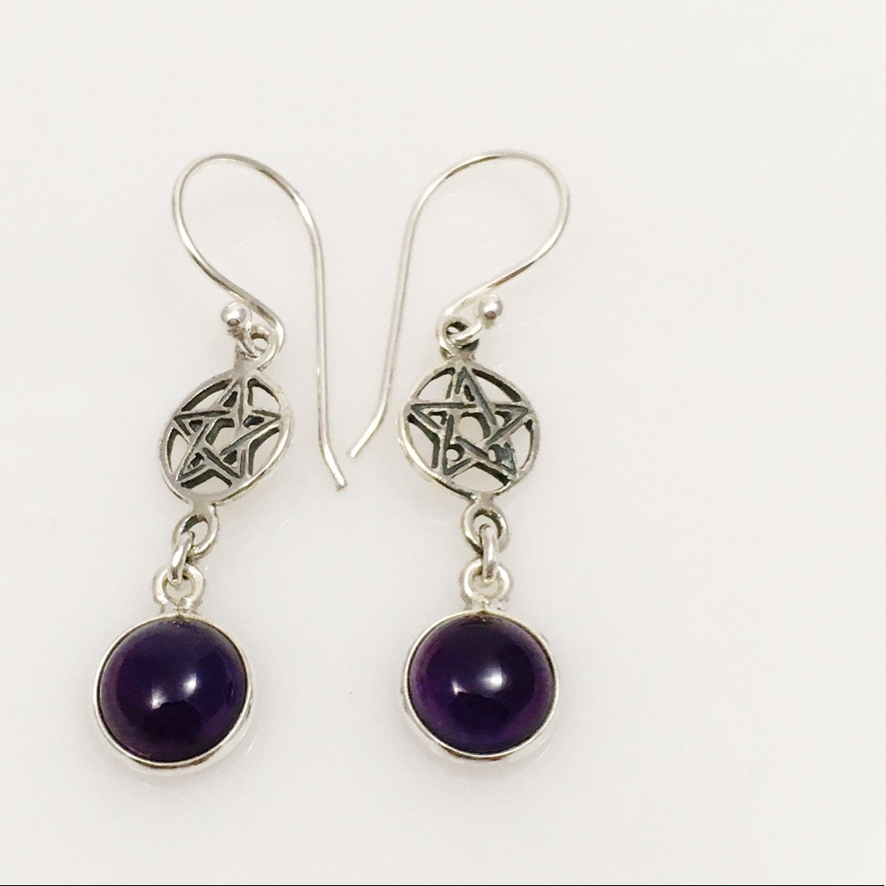 Sterling Silver Amethyst Pentagram Earrings